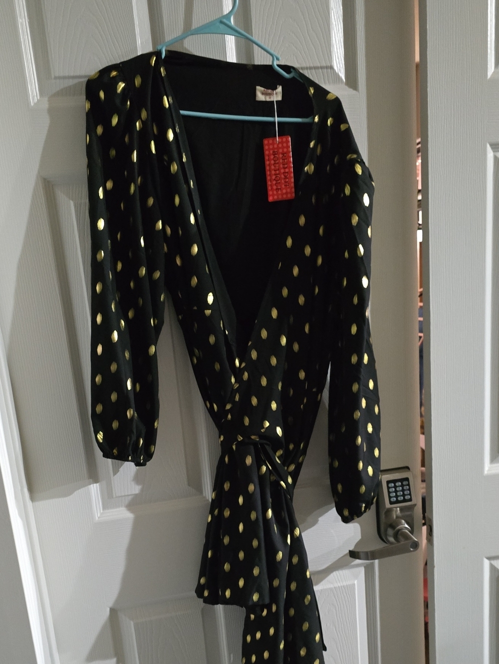 Black Wrap Dress with Gold Polka Dots